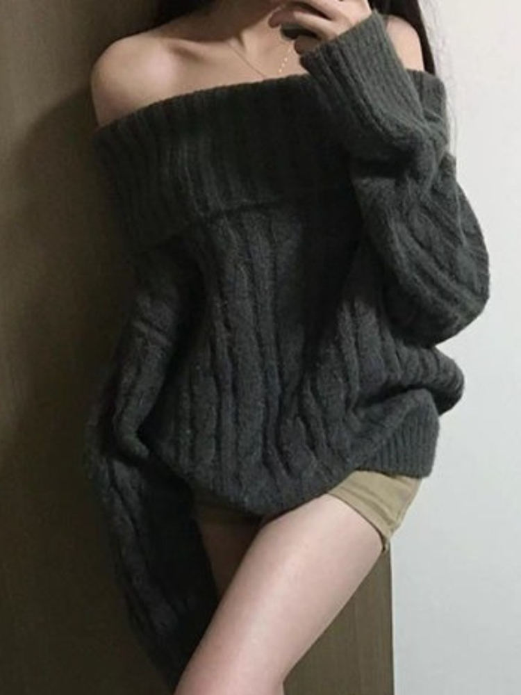 Winter Clothing Factory Outlet - Серый вязаный свитер с открытыми плечами